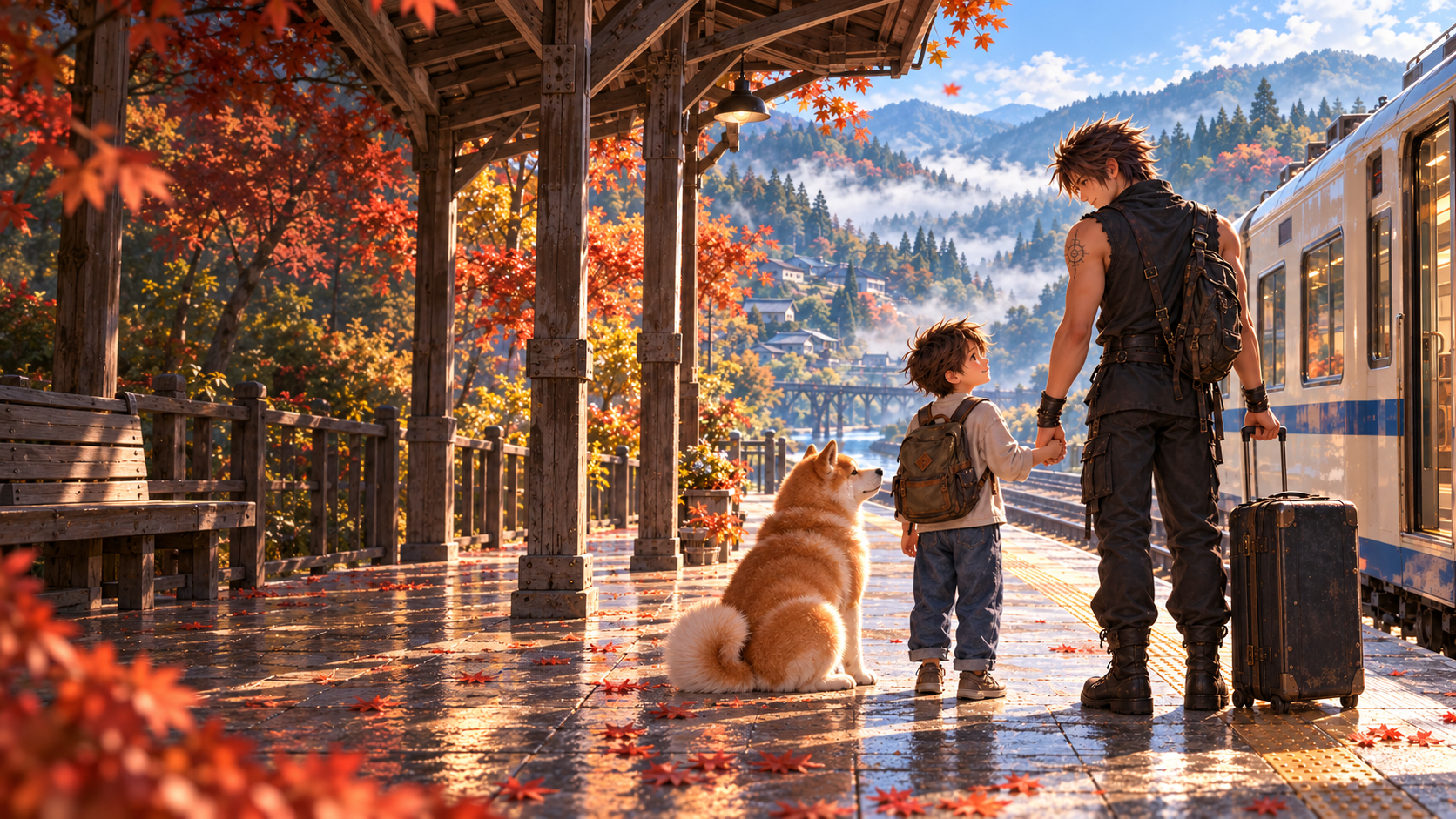 Il bambino e il suo sé adulto si tengono per mano su una banchina giapponese, con una valigia e un Akita, davanti a un treno nella luce del mattino.